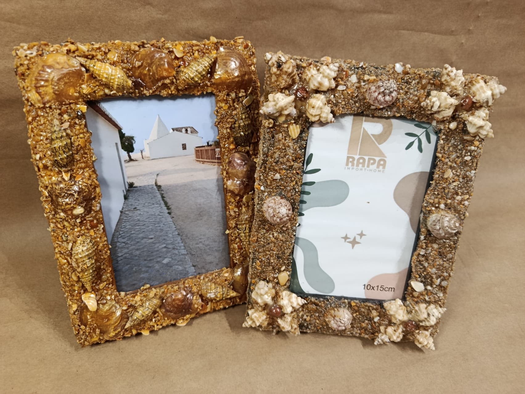 Molduras da praia feito à mão com Moldura, areia, conchas, búzios e acabamento artesanal